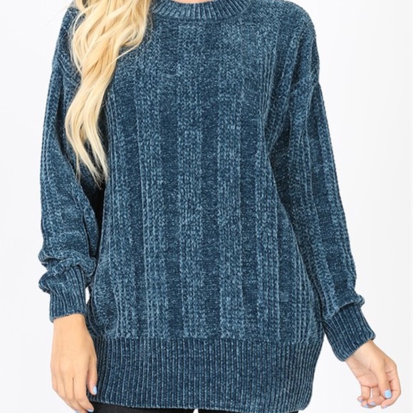 Zen Teal Blue Long Sleeve Cozy Chenille Sweater - Picture 2 of 5